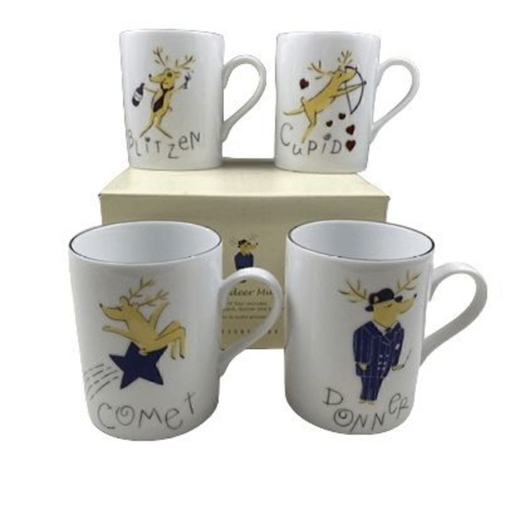 Pottery Barn Reindeer Set of 4 Mugs Cupid, Comet, Donner, and Blitzen Christmas
